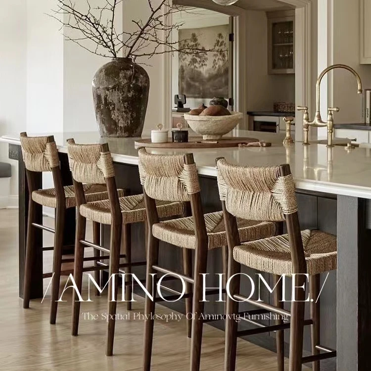 Vintage Grass Rattan Dining Chair Designer Weaving Rattan Bar Chair Household Chinese Vine Weaving bar stool