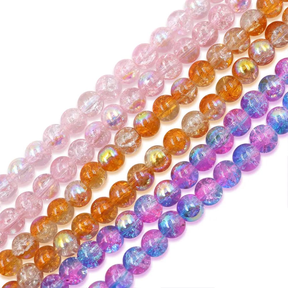 stock for sale 8mm full hole round blue and pink glass beads crackle AB beads for bracelets and necklaces