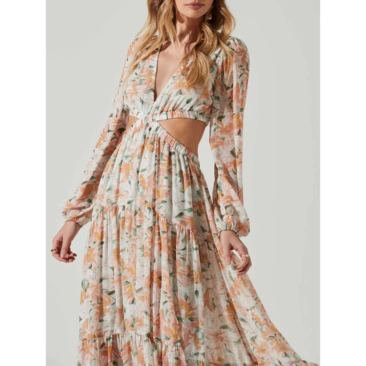 2024 Latest Vintage Summer Casual Long Dress Ladies Beach Boho Chiffon Maxi Floral Printed Dresses For Women Elegant