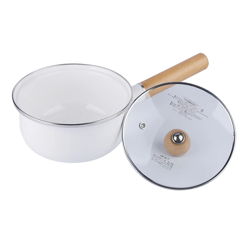 European eco white emamel milk pan coated metal cookware kitchen saucepans with single wooden handle