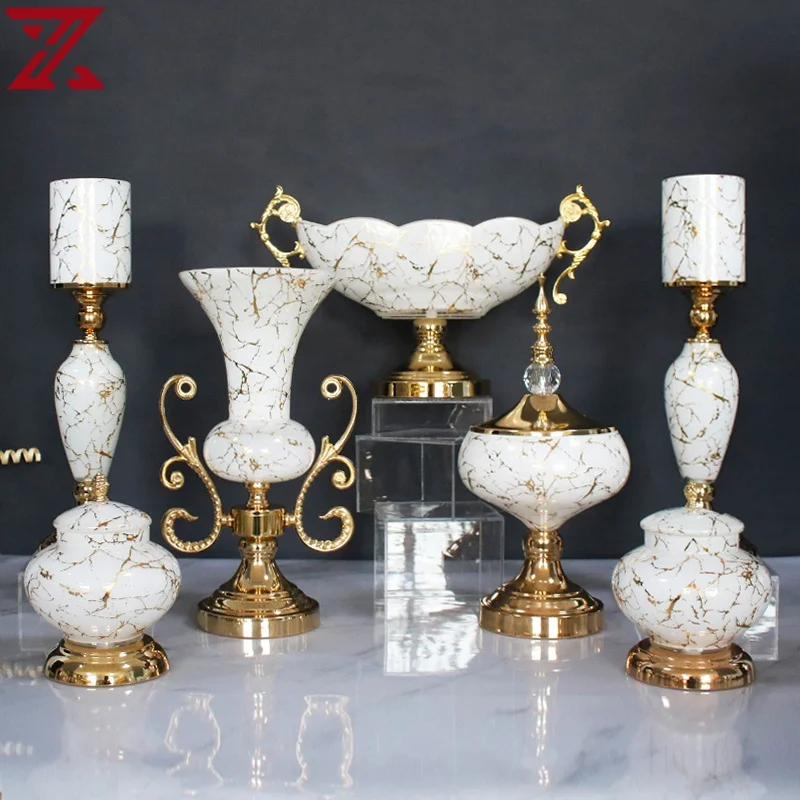 hot selling glass interior decoration set white gold decal ornaments home decoration for gift crafts
