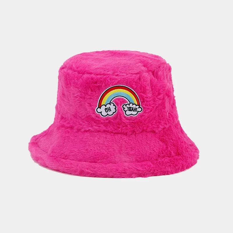Autumn and winter outdoor fashion rainbow label plush warm bucket hat fluffy women fisherman hat