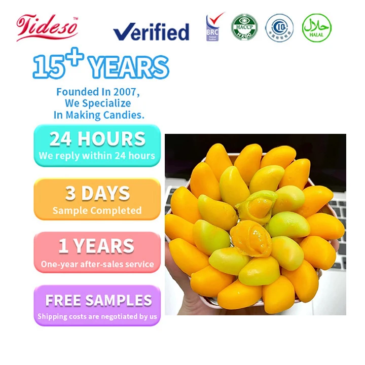 Wholesale Candy Snacks Fun Peeled Mango Flavored Gummies Green Ripe Mango Shape Sweet Sour Fruit Halal Candy
