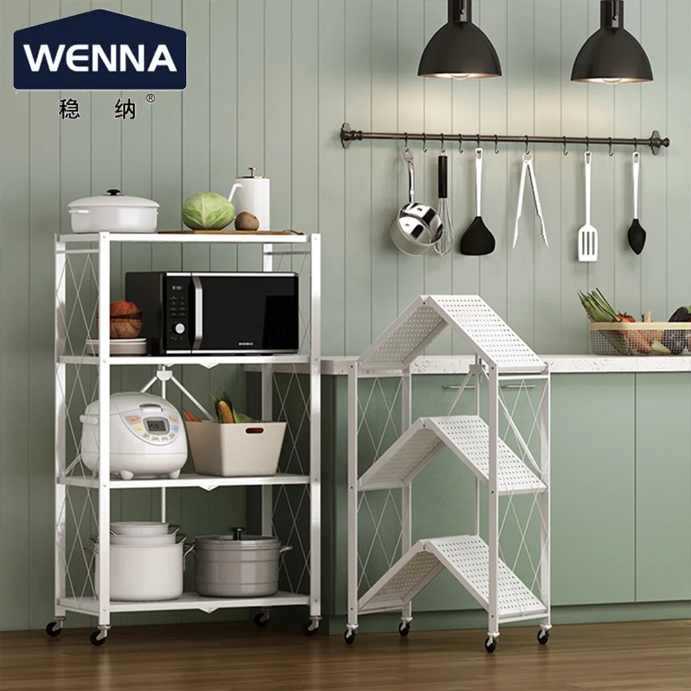 3-Shelf Foldable Metal Wire Shelving Units Collapsible Kitchen Organizer Rack on Wheels for Garage Bakers