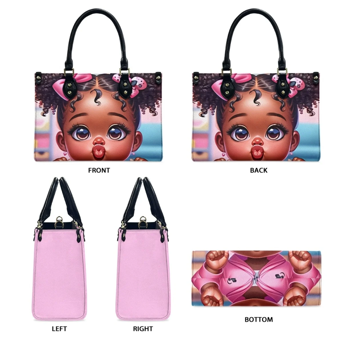 2024 Fashion Waterproof Woman Art Pu Handbag African American Art Black Girl Pattern Print On Demand Custom Rectangle Women Bags