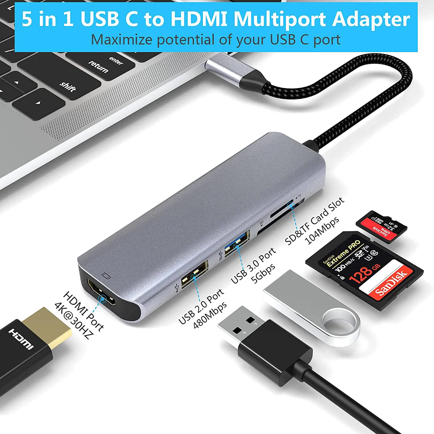 5 в 1 USB-C Hub адаптер переменного тока TF/SD кард-ридер USB-2.0 USB-3.0 USB Type-C на HDMI совместим с 3