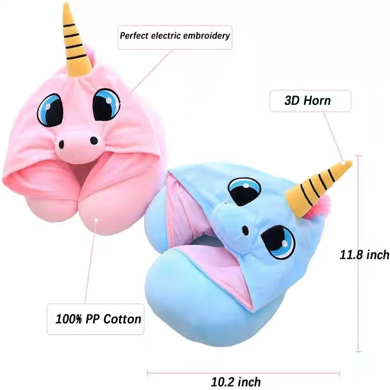 New Design Pink Unicorn Cartoon U Shaped Pillow Soft Custom Plush Hooded Kids Neck Travel Pillow