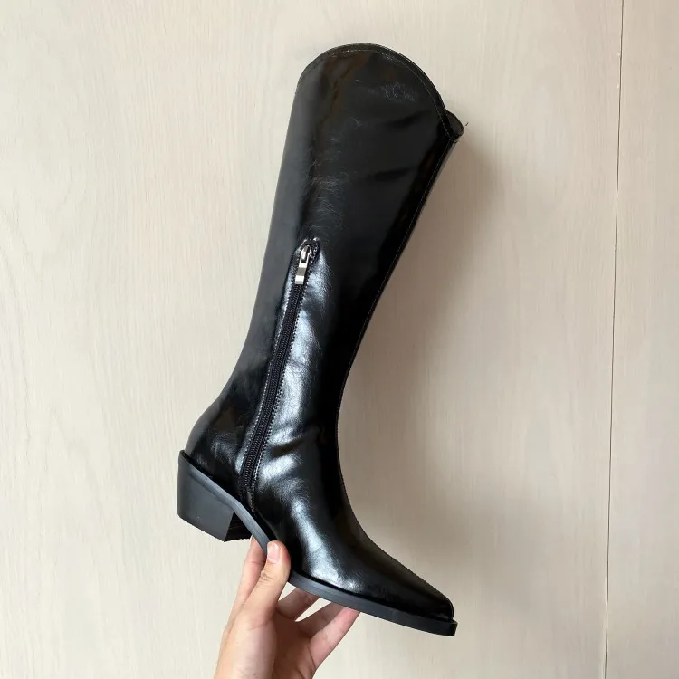 Luxury Designer High heels shoes Knee Boots Shiny leather point toe Knight boots Women Retro cowboy boots for women