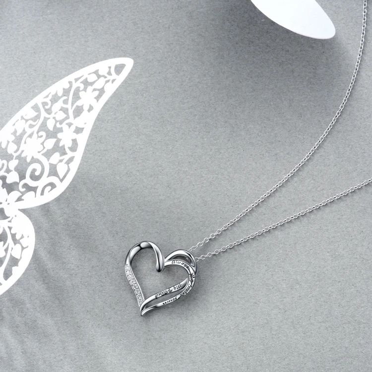 Fine Jewelry 925 Sterling Silver Engraved Zircon Double Love Heart Pendant Necklace