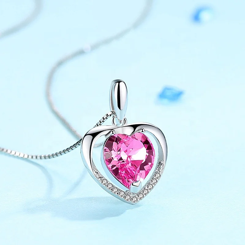 YA122 925 Sterling Silver Mom Necklace with Blue Pink Ocean Heart zircon Crystals Pendant Mothers Birthday Jewelry Gifts