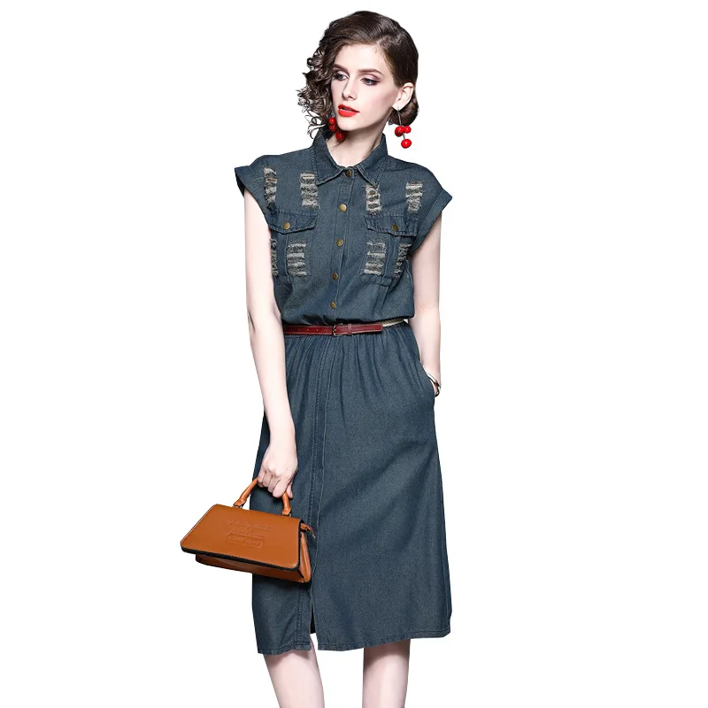 KI- QW747-79  Women Lady Spring Summer  Sexy Mid Knee Length Elegant Career  Denim Dress