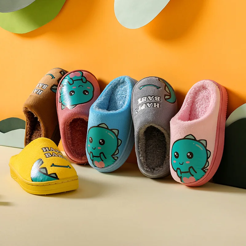 Autumn Winter Boys Girls  Kids Indoor Home Cute Cartoon Non Slip Dinosaur Artificial Woolen Slippers Toddler Sandals