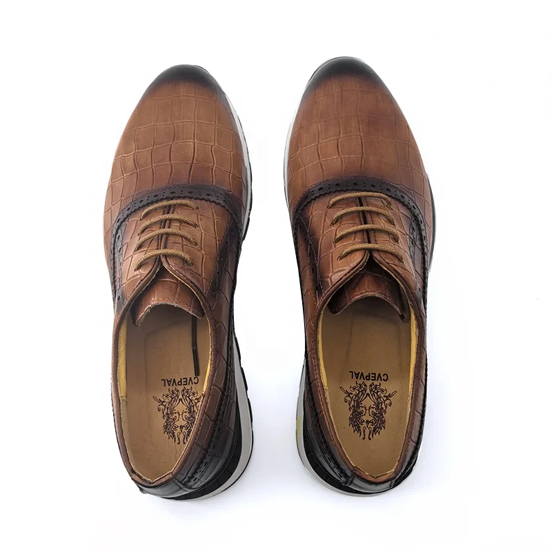 Best Seller Retro Crocodile Lace Up Pointed Casual Genuine Leather Brown Colored Sneakers Walking Office Party Dress Men Shoes