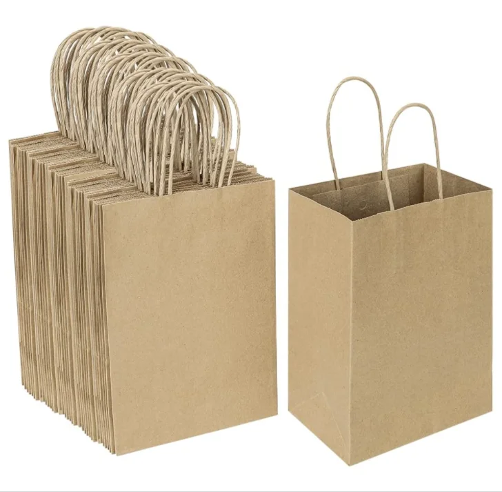 100 Pack 5.25x3.25x8.25 Inch Small Plain Natural Paper Gift Bags with Handles Bulk