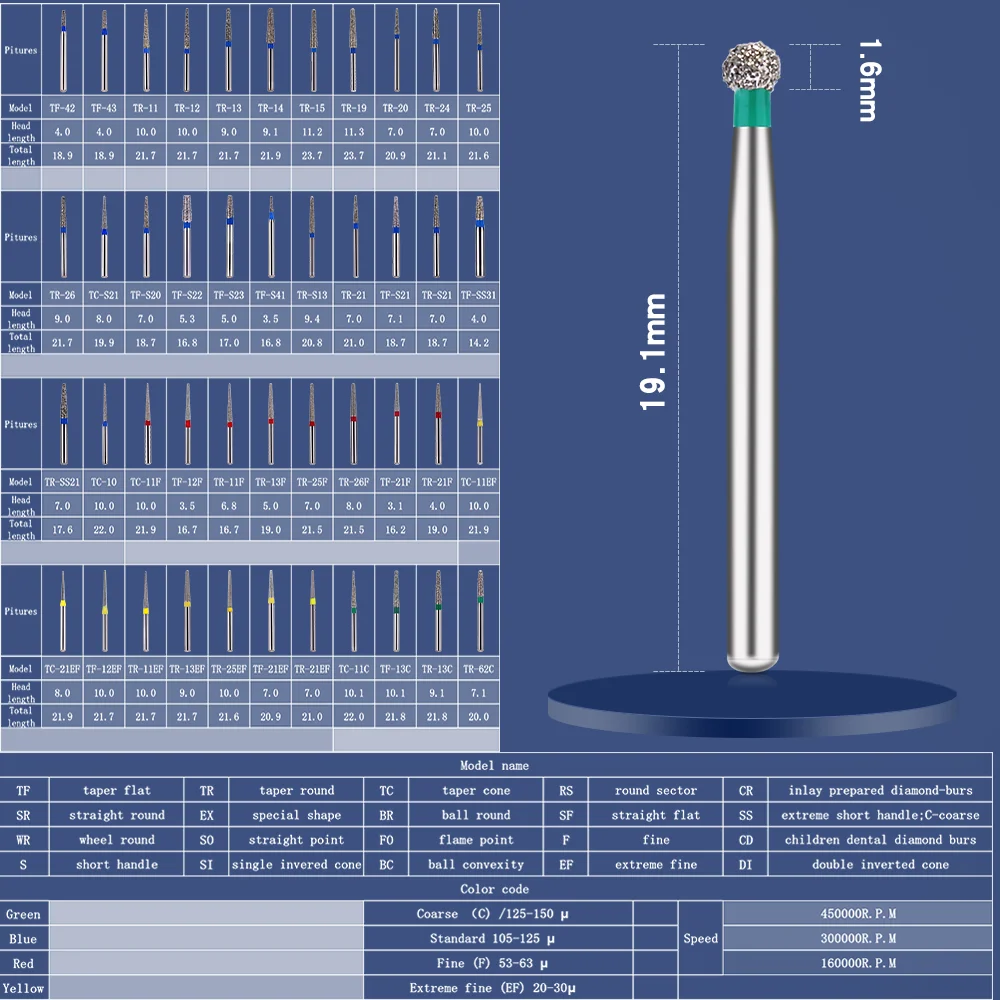 50 pcs Diamond Burs Dental Nail Drills High Speed Handpiece Dental Consumables Extreme Fine Coarse Taper Cone Yellow/Green