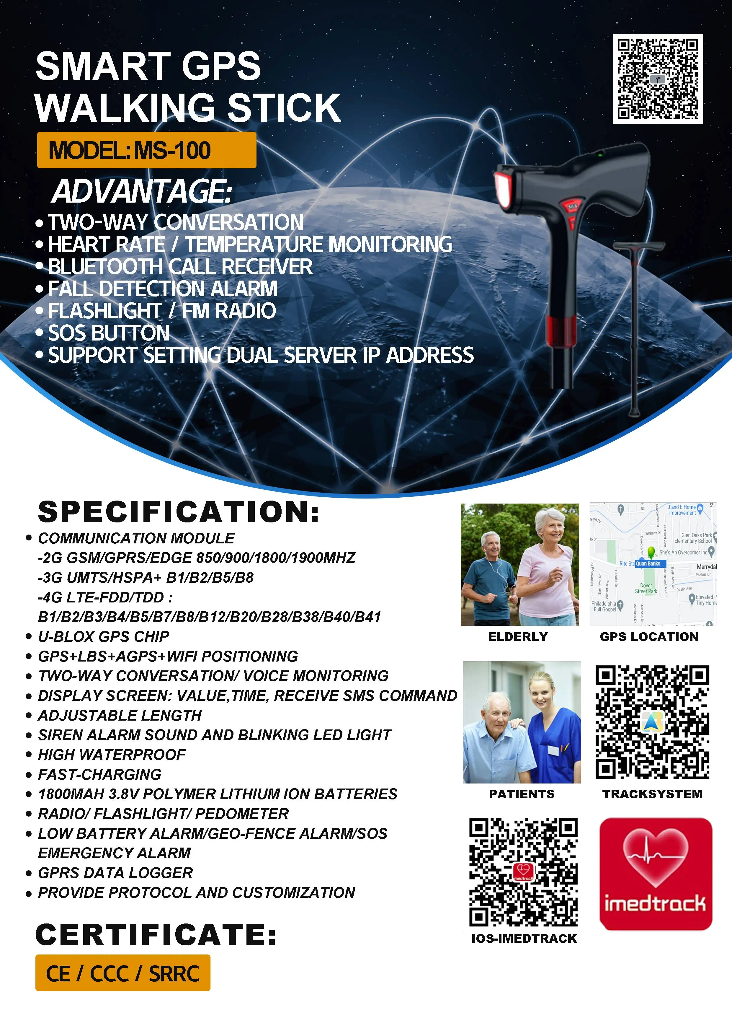 Old Man Smart Walk Stick with Fall Detection Alarm for Elderly GPS Hiking Safe Walking Cane Real Time Tracking and Radio Music