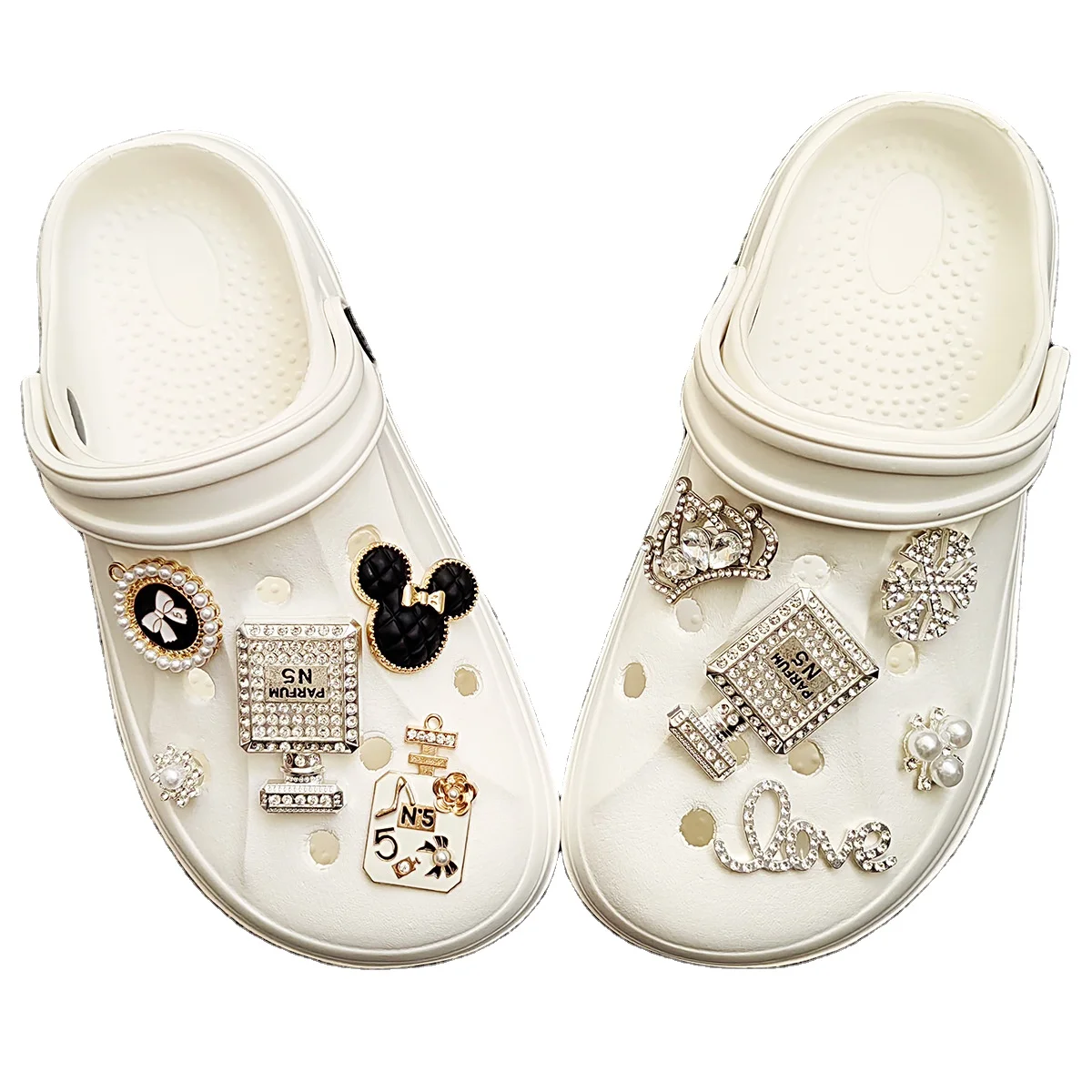 Silver khaki perfume bottle  shoe buckle accessories rhinestone crown love imitation pearl hole clogs charms slippers buckles