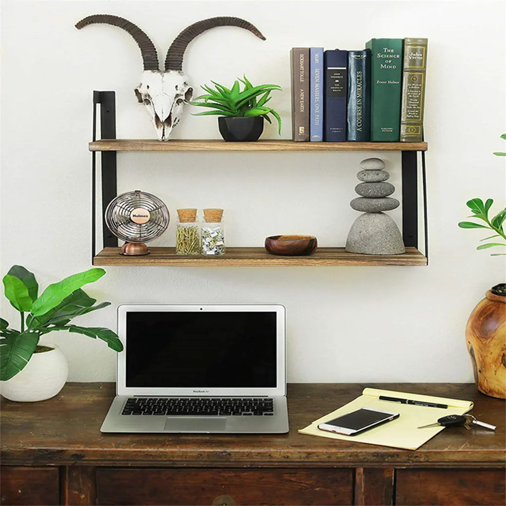 Modern Rectangular Hanging Wall-Mounted Display Shelf Storage Organizer Decor Wood Metal Book Magazine Rack Iron Wholesale