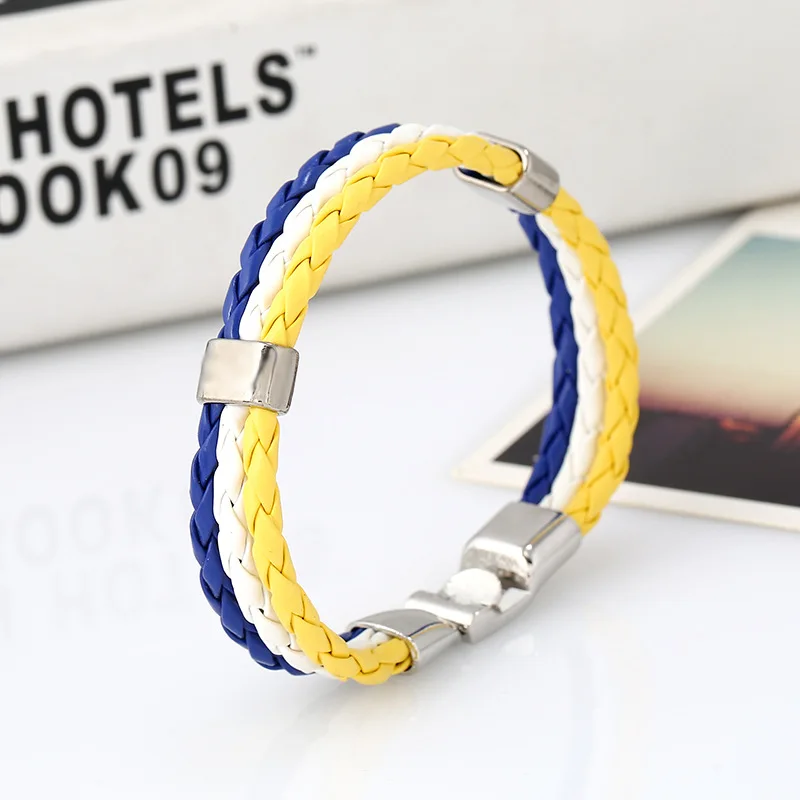 Punk Woven National Flag Color Leather Bracelet Wholesale Colorful Handmade PU Leather Bracelet Football Bracelet