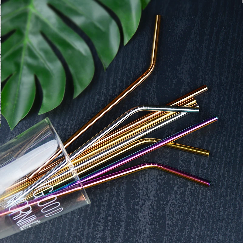 Rose Gold Rainbow 304 Stainless Steel Metal Drinking Reusable Straws Cleaning Brush Kit Box Case