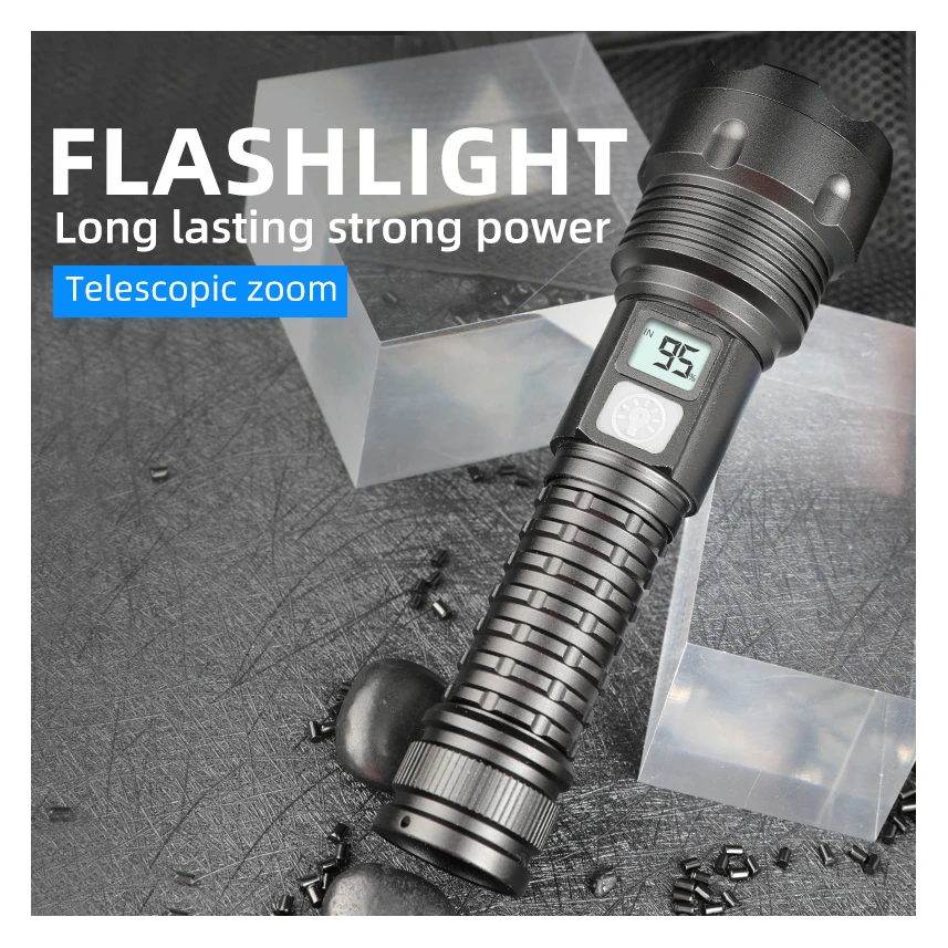 Flashlight  Zoomable Power Display USB Rechargeable Powerful Flashlight Super Bright LED Torch for Hiking