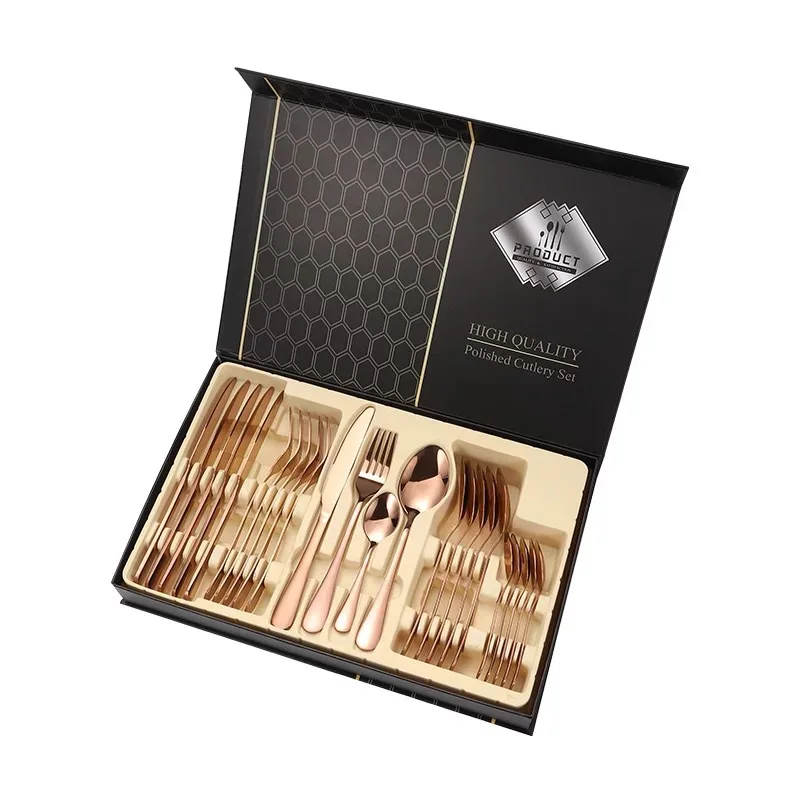 Amazon 24pcs Gold Plated Flatware with gift box Stainless Steel Fork Spoon Knife Cutlery metal tableware set