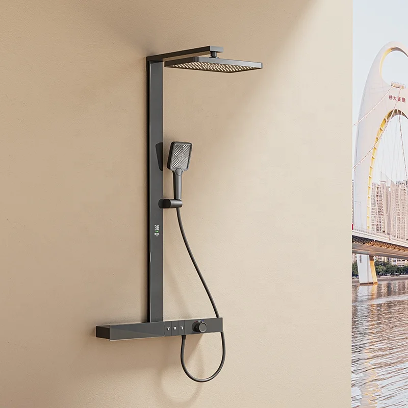 Luxury Square Bathroom Shower System gun grey brass shower mixers LED thermostatic rainfall Bathtub shower set