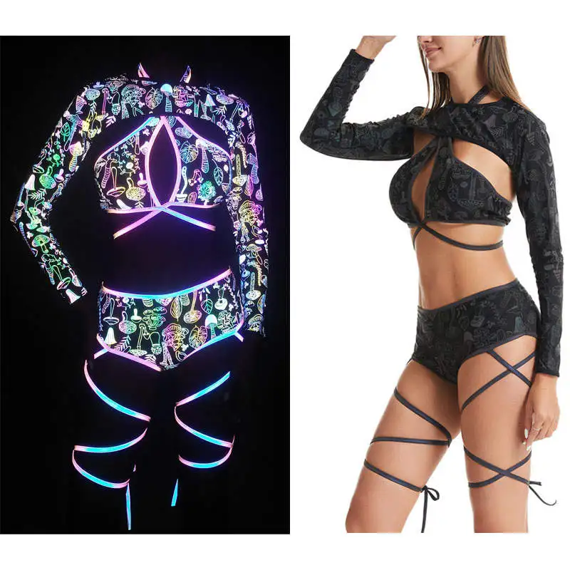 New zebra Pattern Design Printed Cute rainbow Reflective Women Female Cross Strap Crossover Halter Bottom Bikini Split Swimsuit