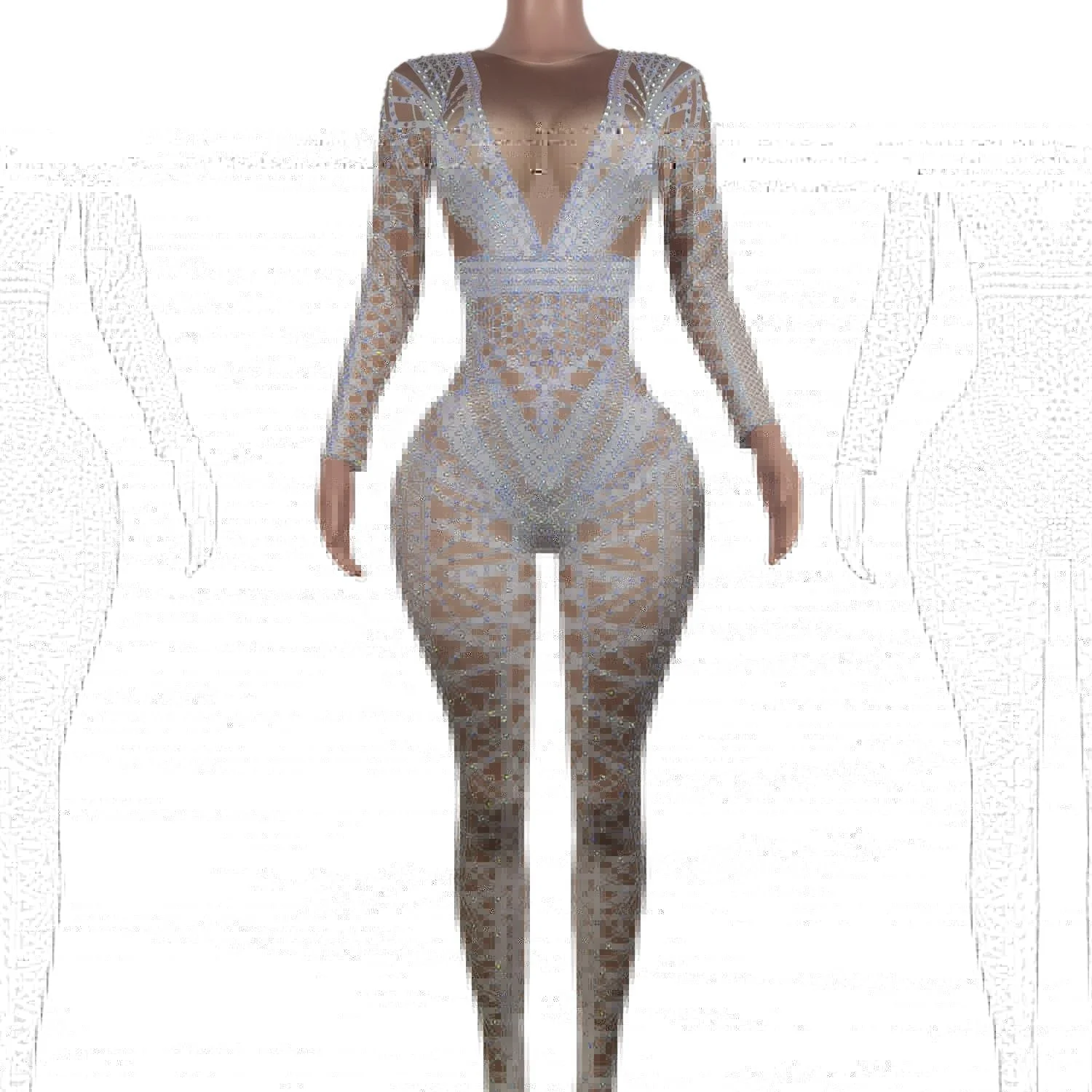 Sexy Long Sleeves Stretch Rompers Club Party Showgirl Pole Dance Leotard Female One Piece Bodysuit Women Rhinestone Jumpsuit