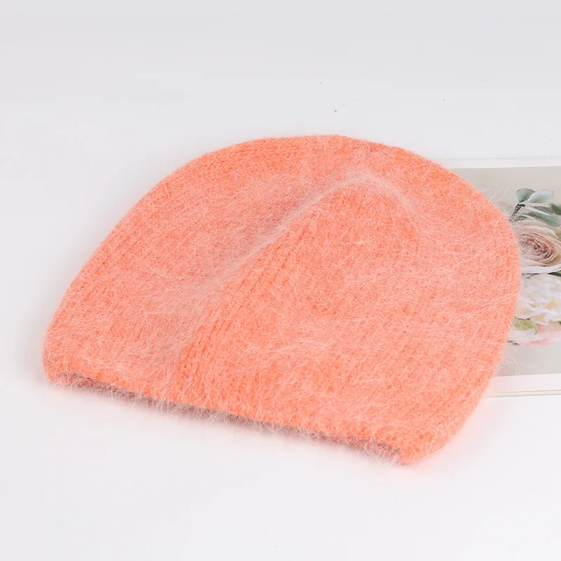 New Simple Rabbit Fur Winter Hat Soft Autumn Woman Warm Skullies No Cuff Beanie Cap With Custom Logo