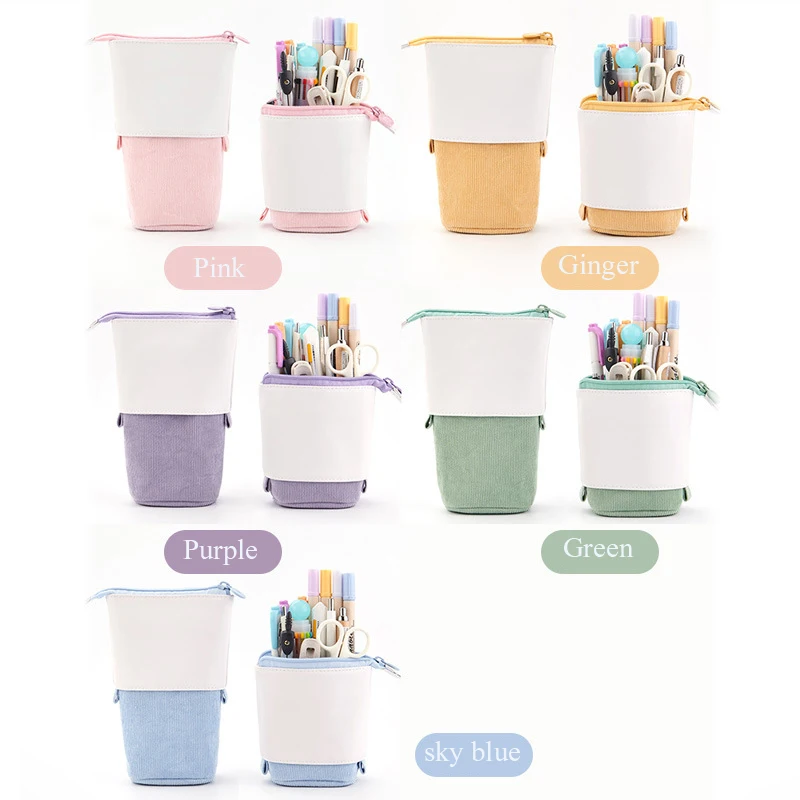 Amazon Cute Custom School Kids  Retractable Stationery Holder Corduroy Pop-up Pen Bag Pouch Standing Up Telescopic Pencil Case