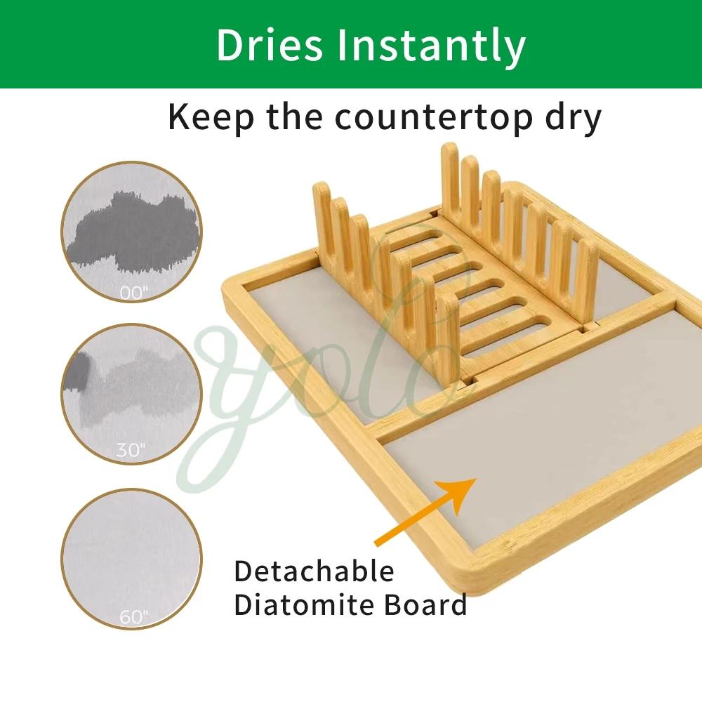 Foldable Collapsible New Bamboo Diatomite Stone Dish Quick Drying Mat With Water Absorbing Earth Tray For Kitchen Counter