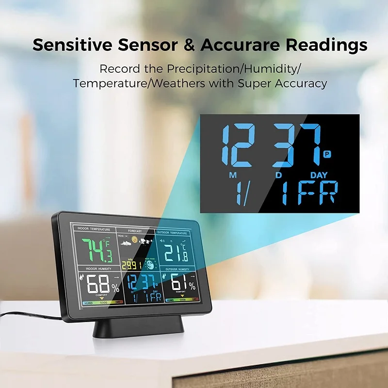Colorful Digital Display Radio Control Indoor Outdoor Temperature Humidity Forecast Wireless Weather Station