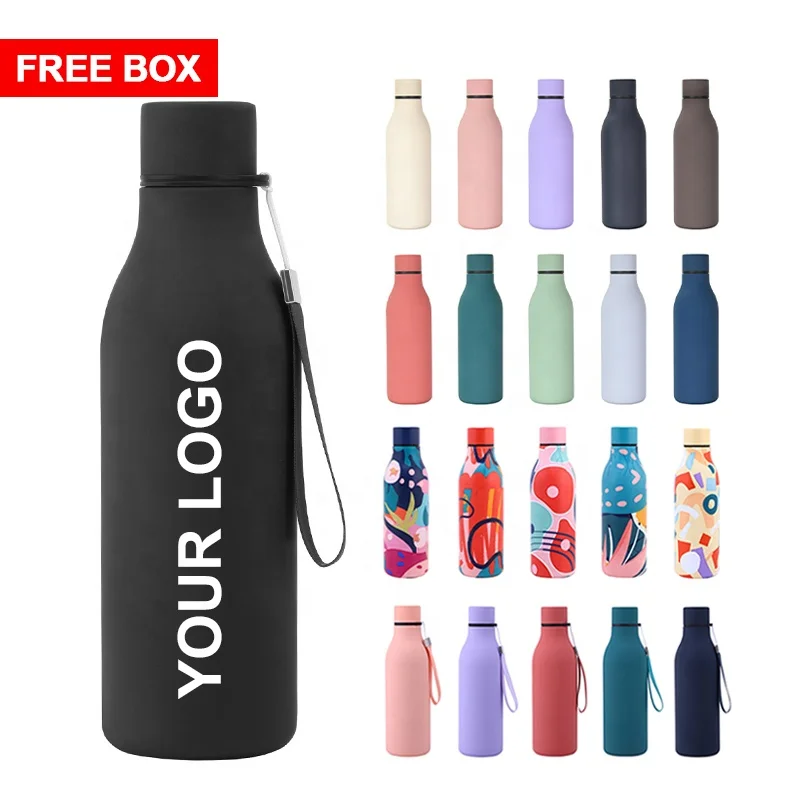 18oz rubber power painting small mouth stainless steel coffee vaccum flask water bottle for hot water with rope handle