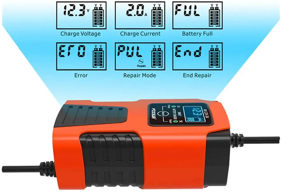 Foxsur Automatic Car Battery Charger 6V/12V 2Amp with LCD Display Intelligent Battery Charger
