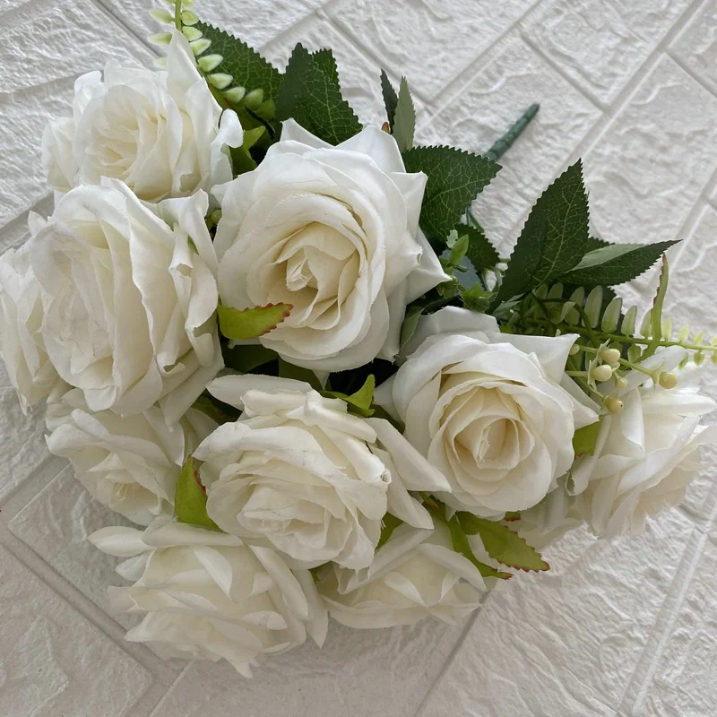 QSLH-F448 Novel Design Silk Rose Artificial Flowers Bouquet 12 heads silk rose peony bouquet For Wedding Home Decoration