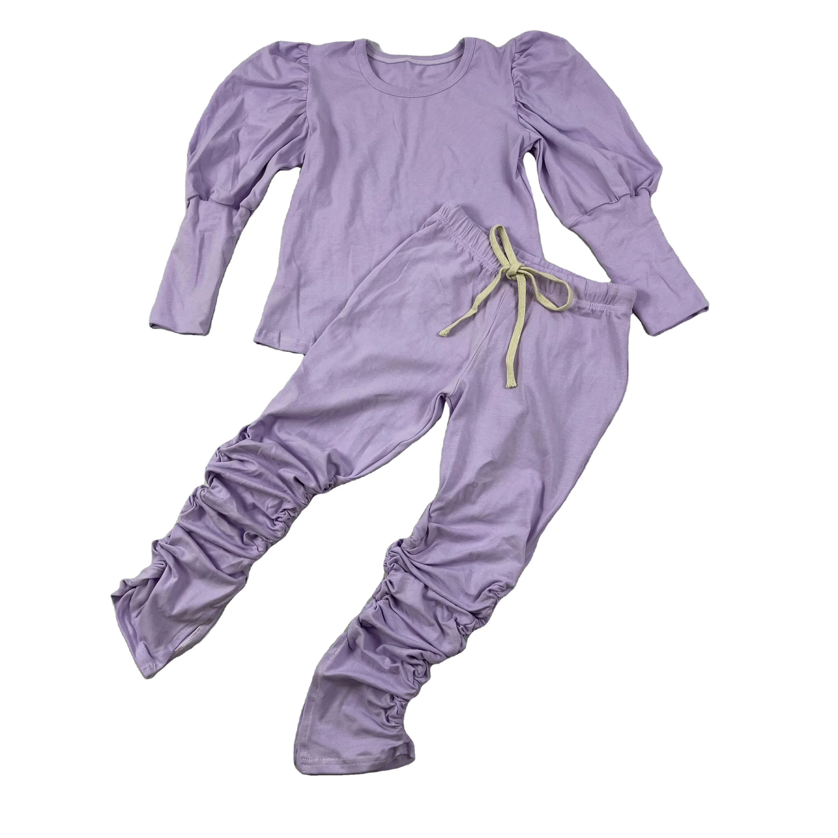 
Wholesale girls long sleeve kids puff sleeve top with stacked pants 2 pcs winter joggers cotton outfit boys sportswear sets 