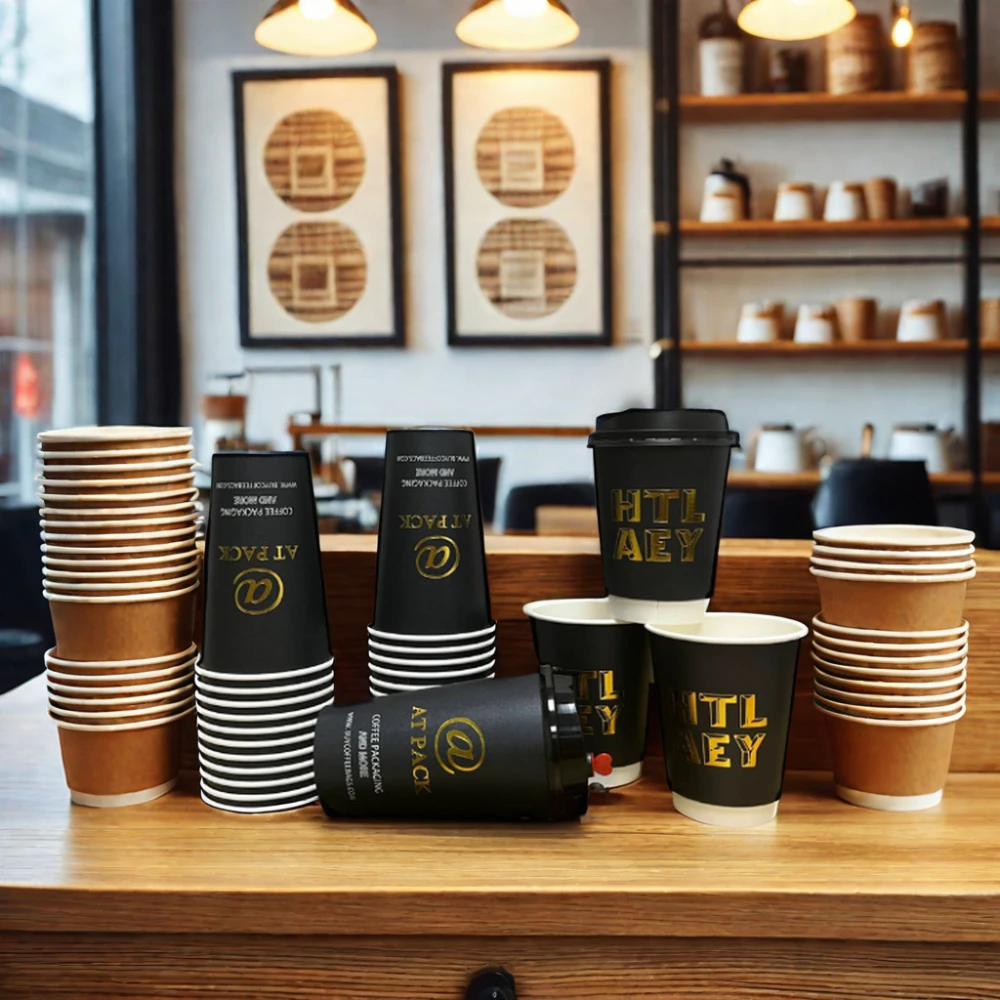 AT PACK Custom Logo Recyclable Disposable Kraft Cups 4 oz 8oz 10oz 12oz 16oz Double Wall Hot Cafe Coffee Paper Cup With Lid