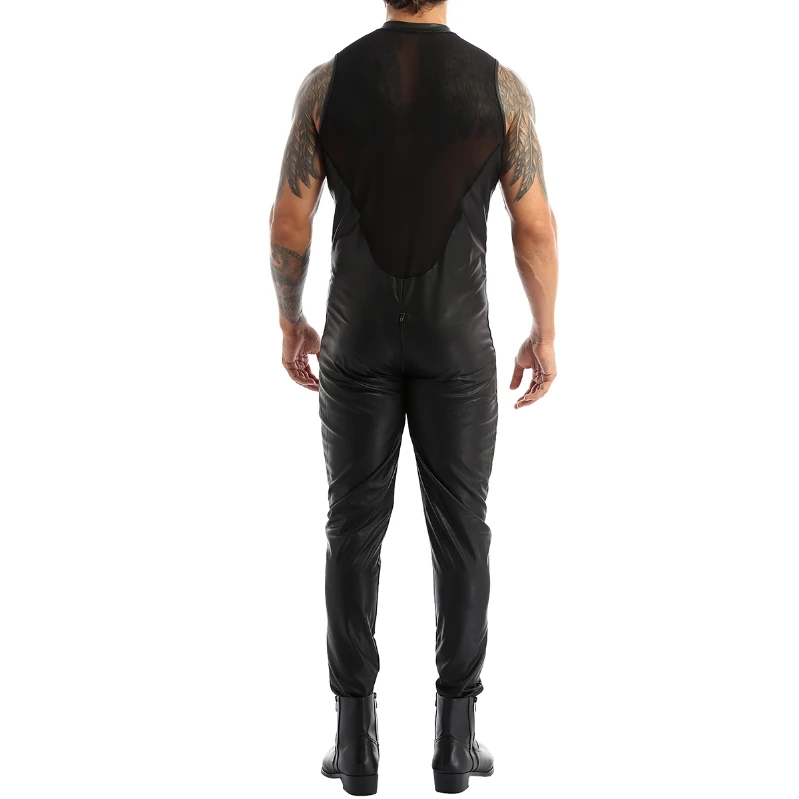  Cheap Male Shiny Patent Bodysuit Full Body Mens Black Double Zipper Leotard Jumpsuit
