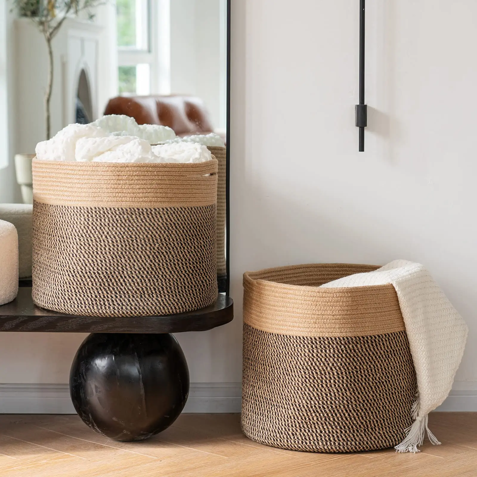 2024 HOT SELLING Large Woven Natural Cotton Rope Toy Handle Storage Basket woven laundry basket