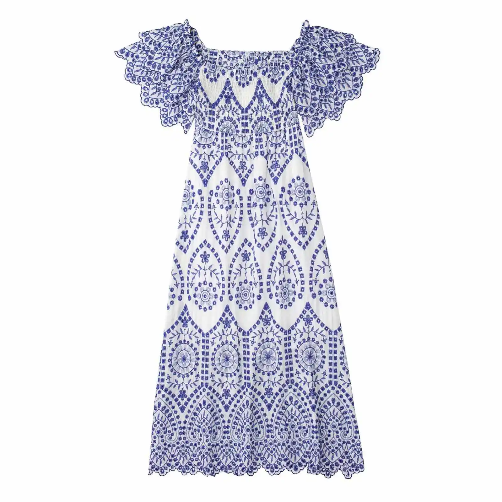 WQ193 2022 Summer new blue and white porcelain leaf sleeve hollow embroidery midi open back long dress