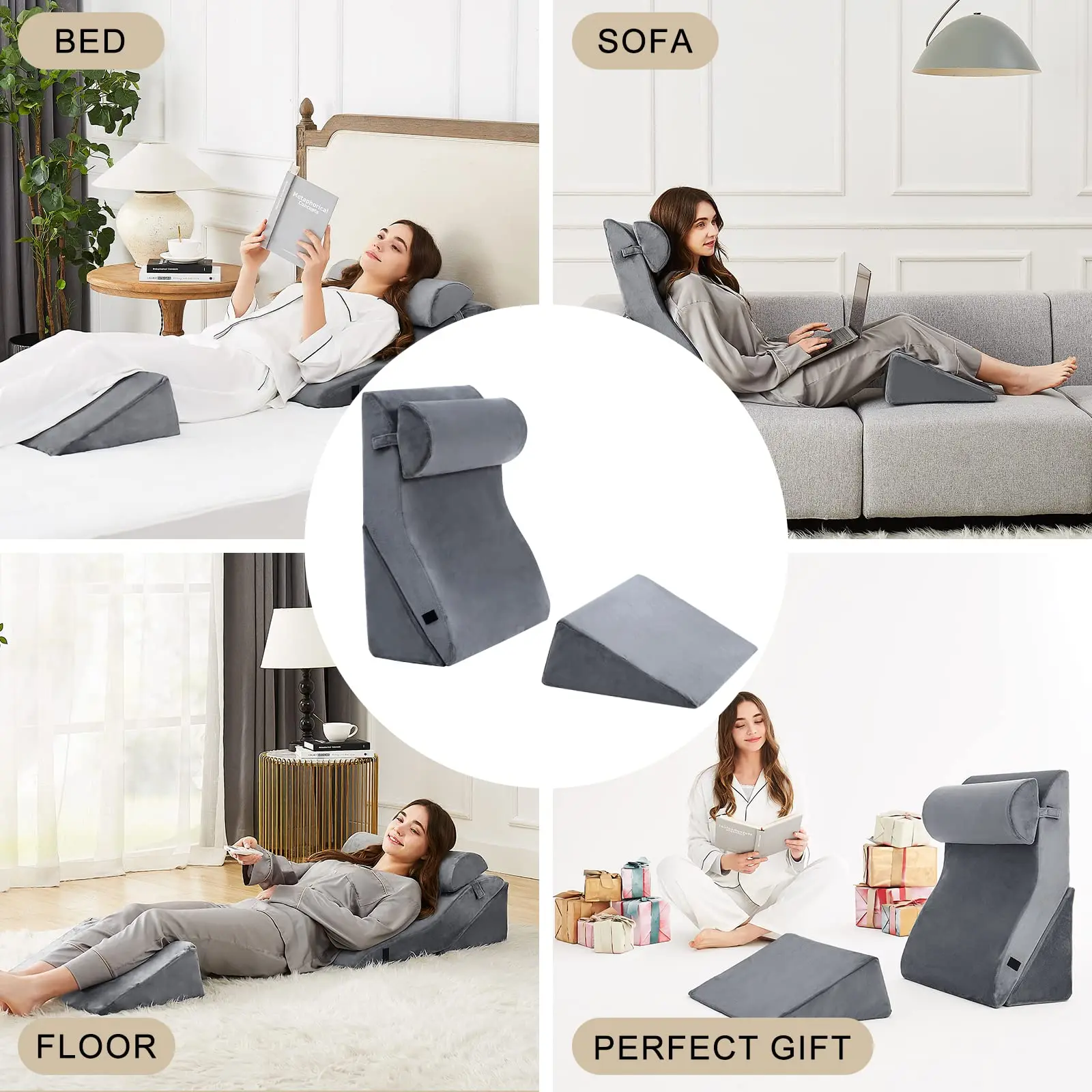 Four-piece set Post Surgery Foam Anti Reflux Pillows for Neck Back and Leg Pain Relief Triangle Bed Wedge Pillow