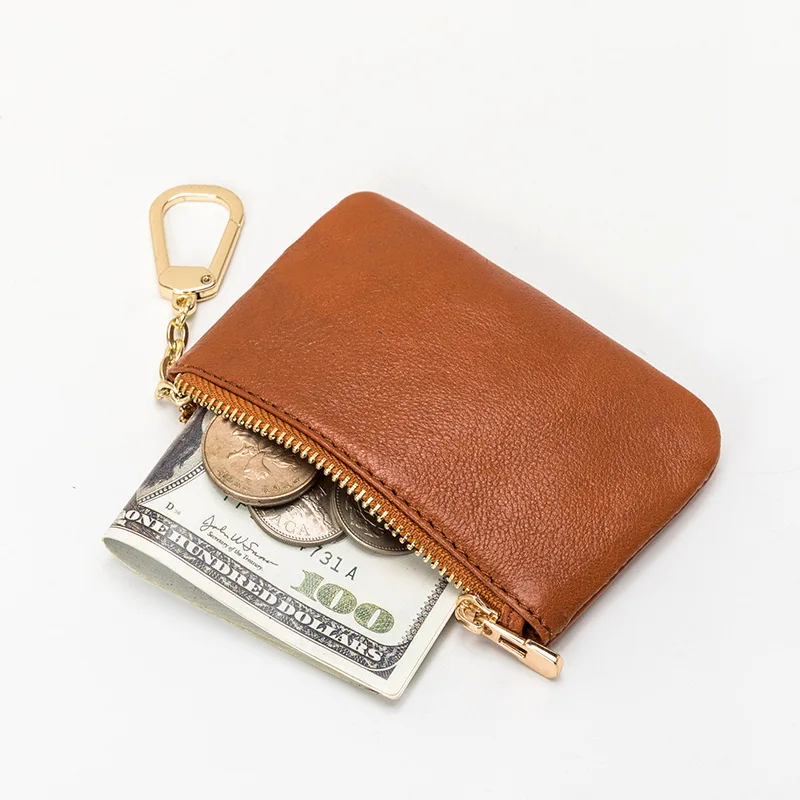 Factory wholesale real cowhide leather mini wallet men & women simple key chain coin bag soft leather zipper coin purse