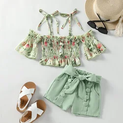 2022 Casual Kids Girls Clothes Sets Off Shoulder Floral Printed Short Sleeve T Shirts High Waist Solid Shorts 2PCS Children Wear