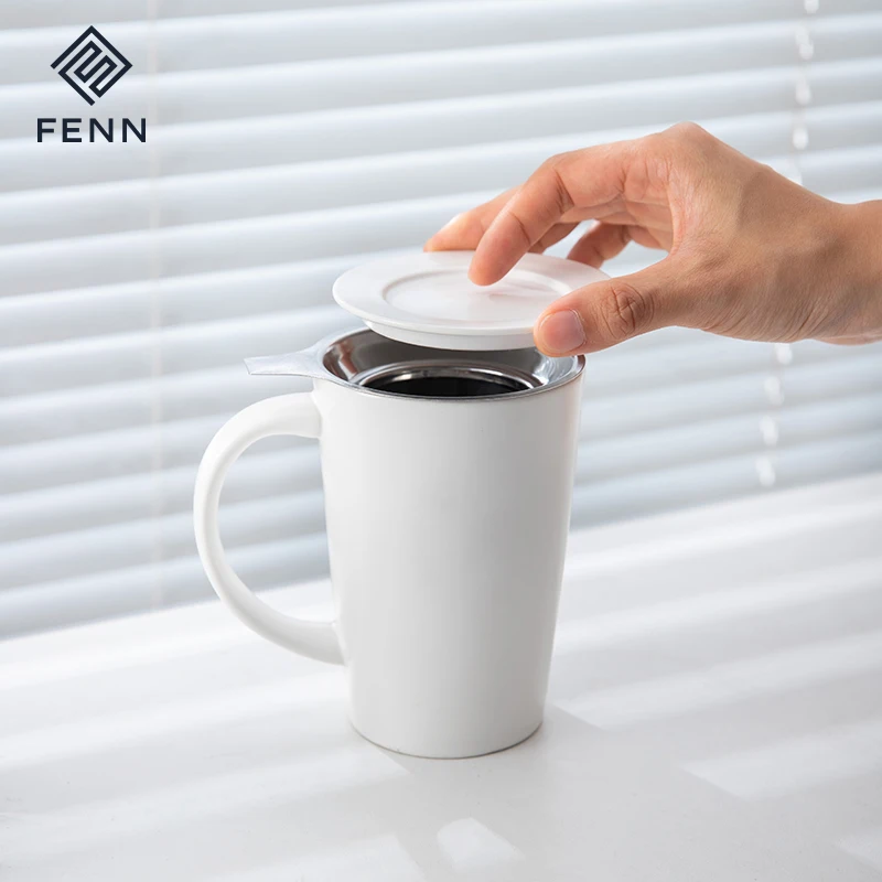 Large capacity ceramic tea cup drinkware sets custom logo matte white reusable ceramic coffee mug with lid and infuser for gifts