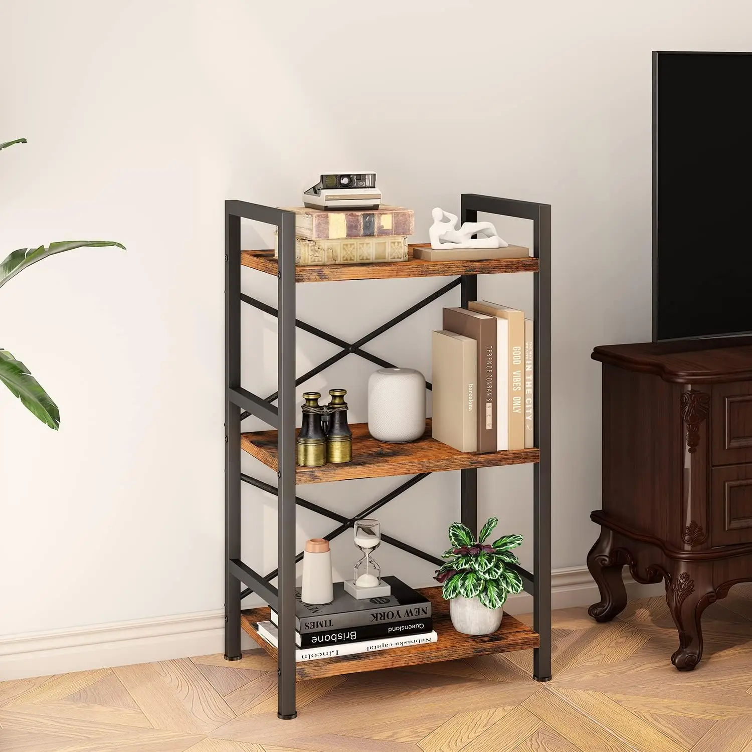 3 Tier Bookcase Wood Shelves Rustic Vintage Industrial Style Bookshelf