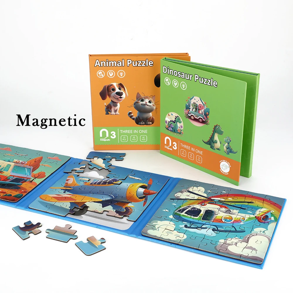 Customized 3 In 1 Educational Learning Toys Vehicle Dinosaur Animal Magnetic Puzzle Book For Children