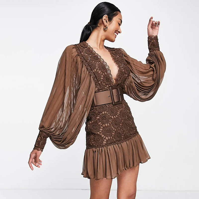 High quality stylish lace mini dress pleated sleeve hem work elegant dresses with satin belt