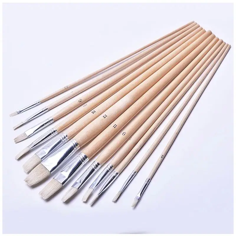 Hot Sale Flat nylon Hair Oil Acrylic Art Brush , 12pcs various size Painting Brush Set For Oil Acrylic Watercolor Painting