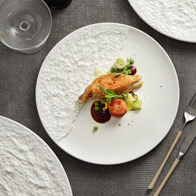 Novelty Rock Stone Ceramic Serving Platter Round White Porcelain Irregular Dinner Plate Steak Pasta Dishes Plates for Restaurant